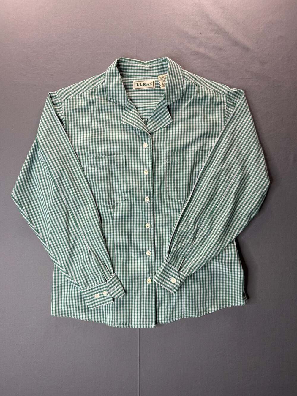 L.L. Bean Long Sleeve Gingham Shirt Size 4 Green White Cotton Button Down